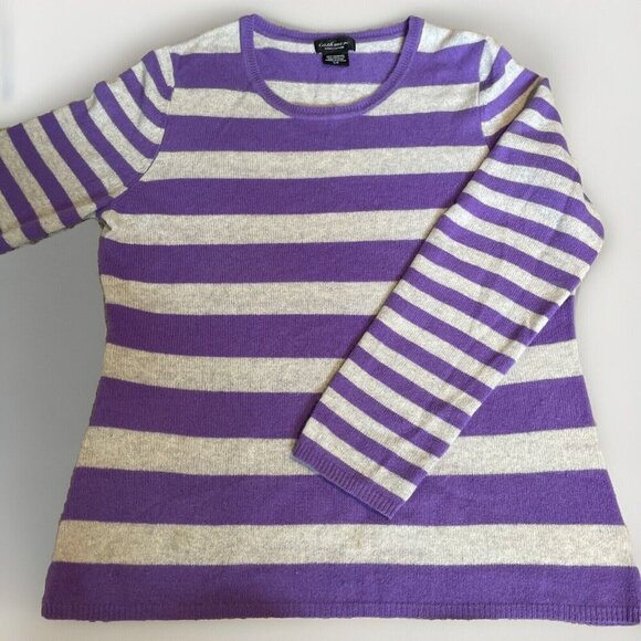 Lord & Taylor 100% Cashmere Sweater Women's L Purple Striped Lightweight Soft - Picture 1 of 7